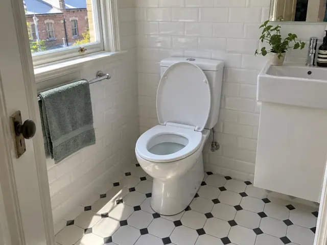Clean white toilet in a tiled bathroom with sink, towel rail and window in Balmain